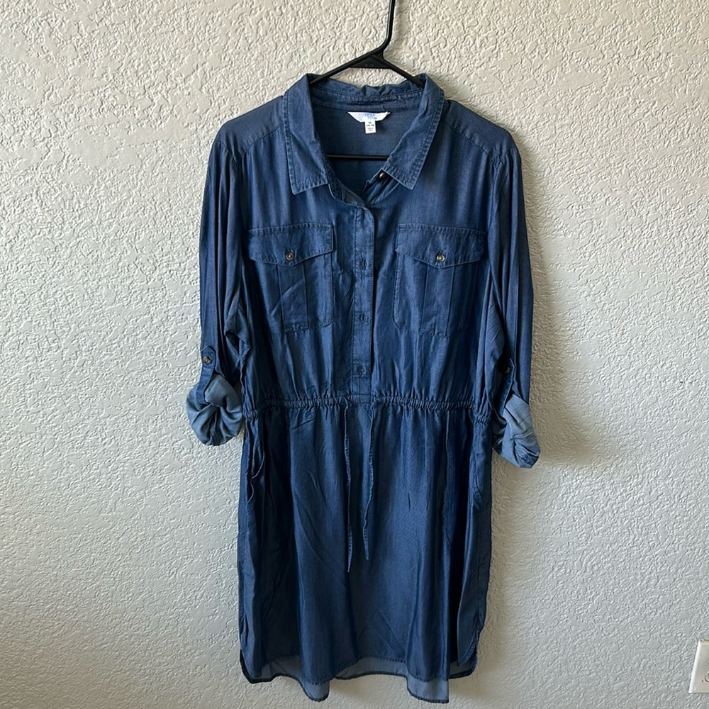 Dark denim extra large cinched waist dress with Rollup sleeves